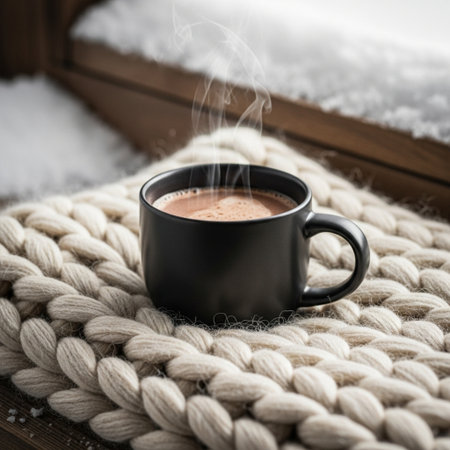 Cup of hot cocoa on knitted plaid. Winter backgroundの素材