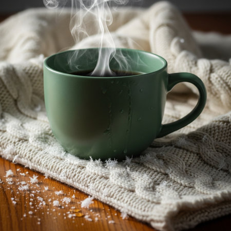 Cup of hot drink with steam on knitted scarf on wooden backgroundの素材