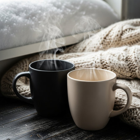 Coffee cup and knitted scarf on wooden background. Winter conceptの素材