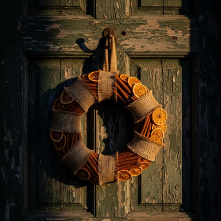 Christmas wreath on the door of old wooden house. Toned.の素材