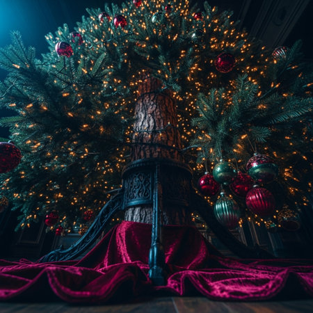 Christmas tree with red baubles and decorations in a dark roomの素材