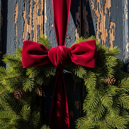 Christmas wreath on the background of a rustic wooden door.の素材