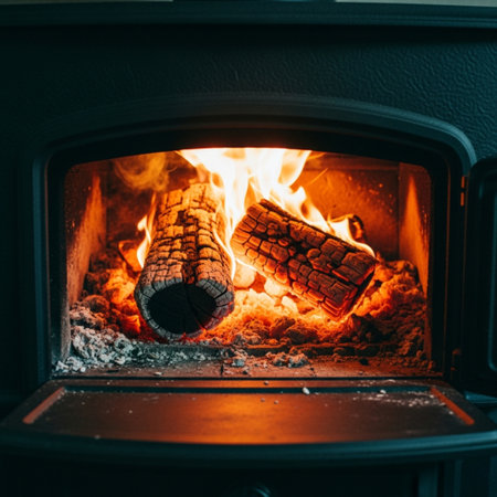 Burning firewood in a fireplace. Firewood burning in a fireplace.の素材