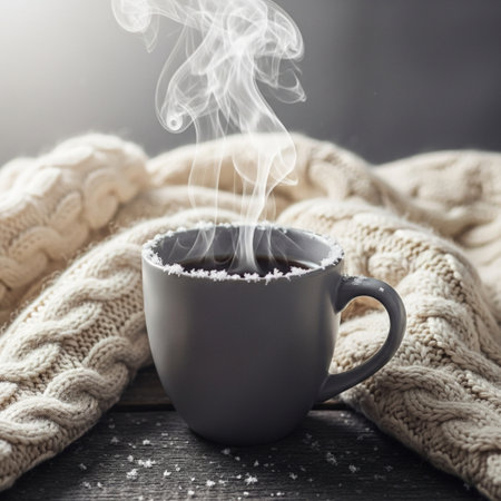 Cup of coffee with knitted scarf on a wooden background.の素材