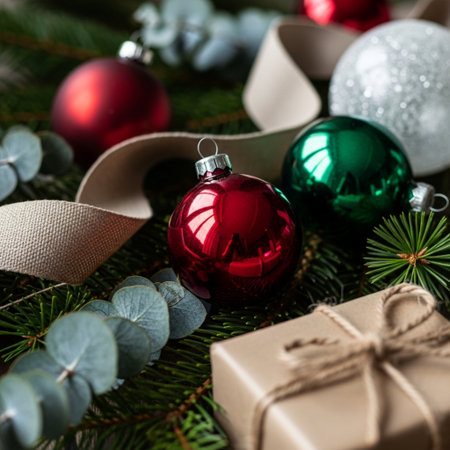Christmas decoration with gift box and baubles on wooden background.の素材