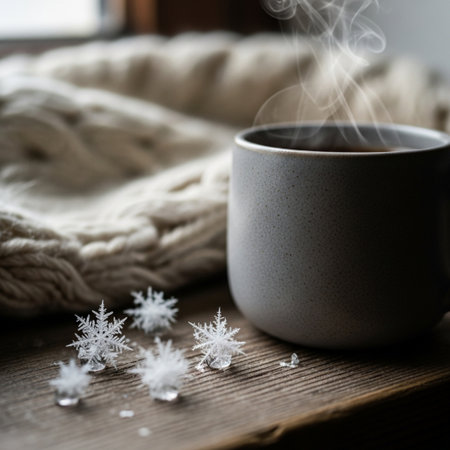 Cup of hot coffee with scarf and snowflakes on wooden tableの素材