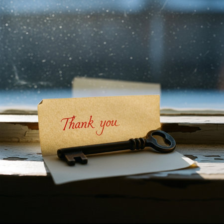 Key and paper card with thank you text on the window sill.の素材