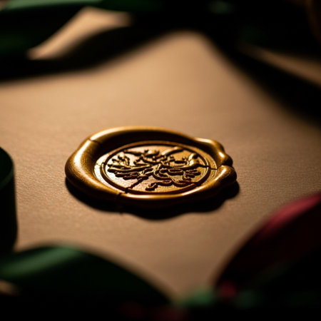 Close-up of a gold medal with a green ribbon on a brown backgroundの素材
