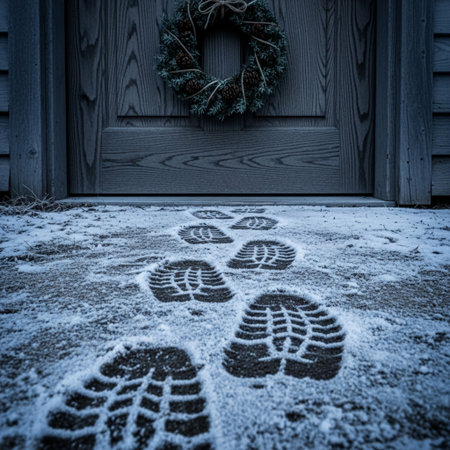 Footprints in the snow with a Christmas wreath on the doorの素材