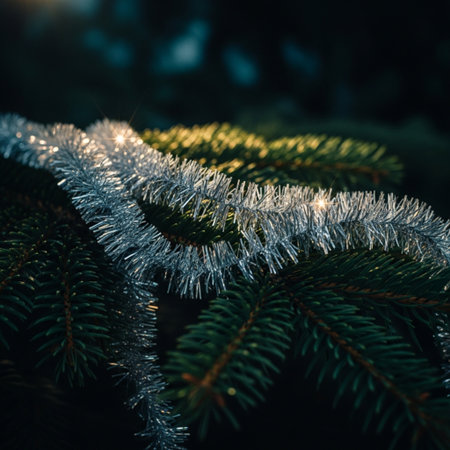 Close up of christmas tree branch with silver tinsel and bokeh lightsの素材