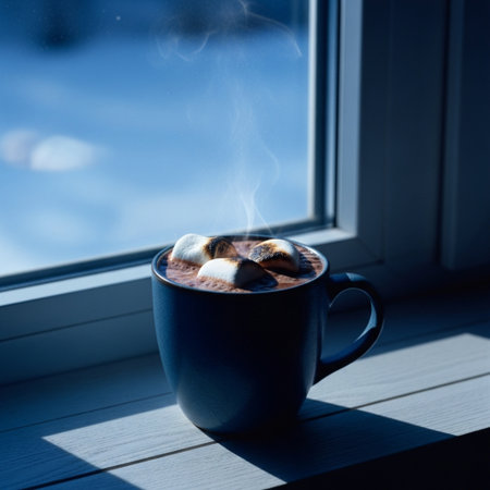 Cup of hot chocolate with marshmallows on window sill.の素材