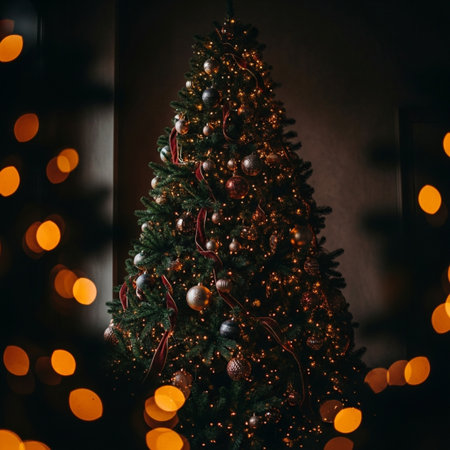 Christmas tree with decorations and garland lights on a dark background.の素材