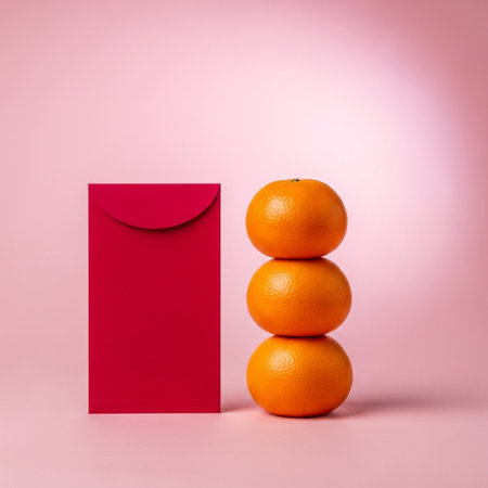 Tangerines and a red envelope on a pink background. Minimal concept.の素材