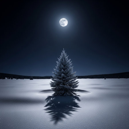 Fir tree in the snow at night with moon in the skyの素材