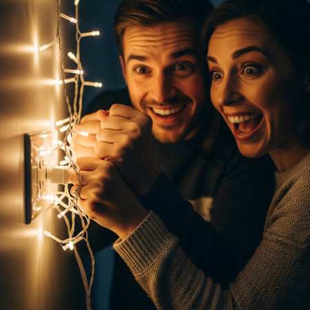 Young couple with Christmas lights on a dark background. Close up.の素材