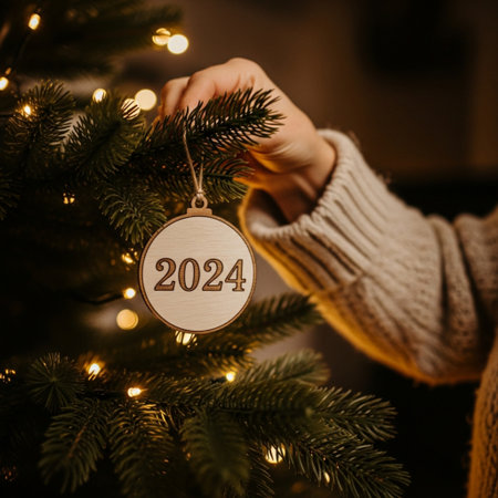 Female hand holding a wooden label with the inscription 2021 on the Christmas tree.の素材