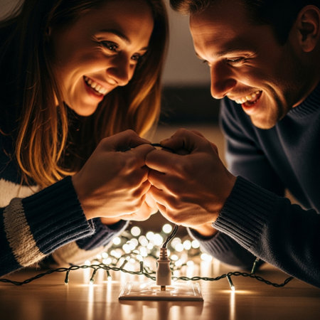 Young couple in love decorating a Christmas tree with garland.の素材