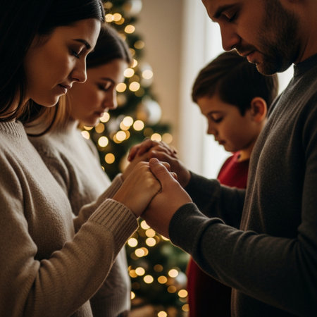 happy family holding hands near christmas tree in living room at homeの素材