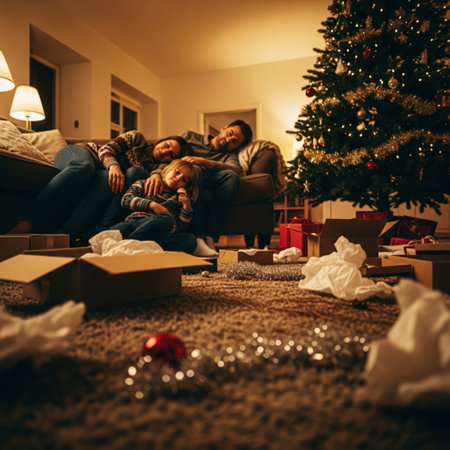 Happy family is sitting on the floor near the Christmas tree at home.の素材