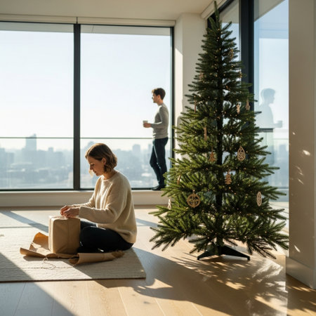 beautiful young woman sitting on floor near christmas tree and looking at husbandの素材