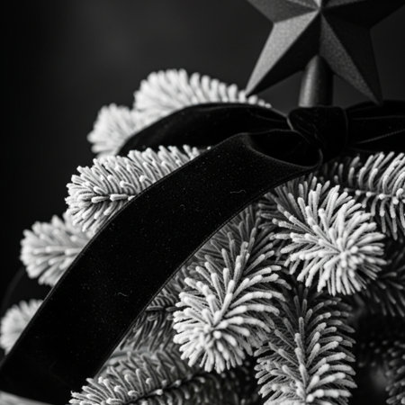 Christmas decoration on black background. Black and white photo with copy space.の素材
