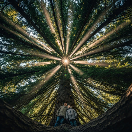 Woman sitting under a giant tree in the forest with sunbeamsの素材