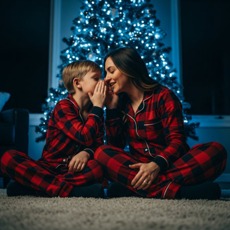 Mother and son in pajamas are sitting on the floor near the Christmas tree.の素材