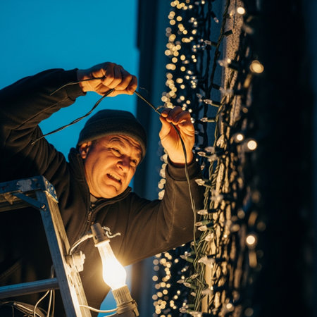 A man with a flashlight in his hands on the street at nightの素材
