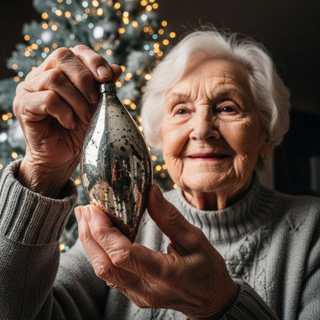 Elderly woman holding Christmas toy in her hands at home.の素材
