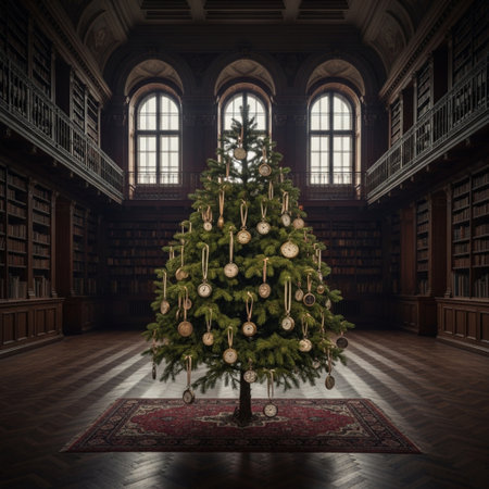 Old library interior with christmas tree and books. 3d renderの素材