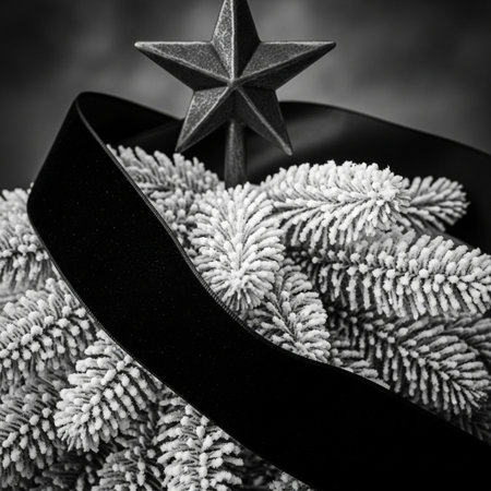 Christmas decoration with fir tree branches and silver star. Black and white.の素材