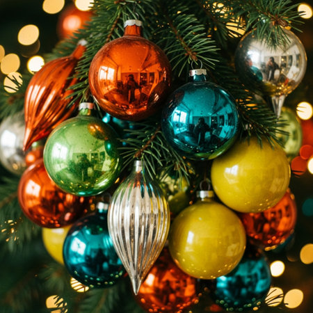 Christmas tree decoration with colorful baubles and blurred lights on backgroundの素材