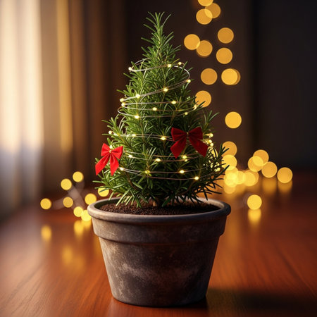 Christmas tree in a pot on a wooden table with bokeh backgroundの素材