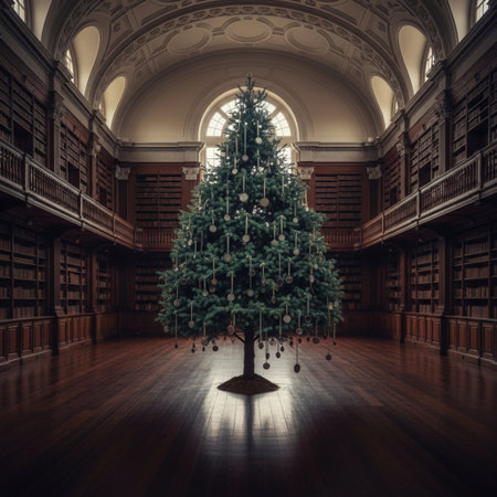 Old library interior with Christmas tree and bookshelves. 3D Renderingの素材