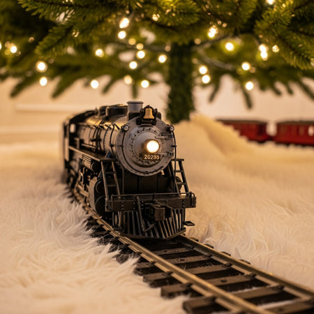 Toy steam locomotive on the background of a Christmas tree. Christmas decoration.の素材