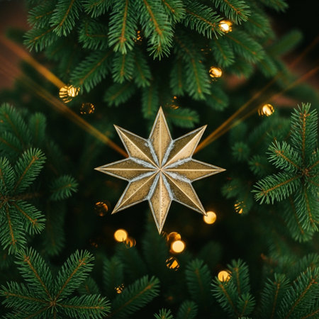 Christmas tree decoration with golden star on blurred bokeh background.の素材