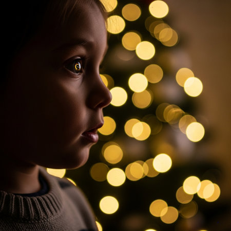 Portrait of a little girl in front of a christmas treeの素材