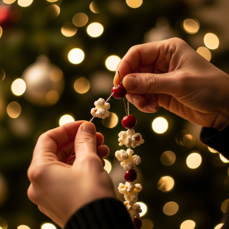 Hands of woman decorating christmas tree with beads on blurred backgroundの素材
