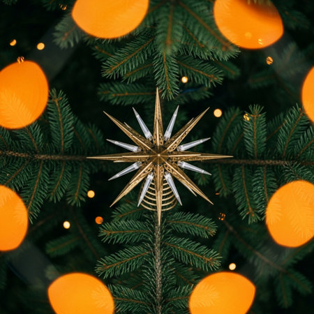 Christmas tree decoration with gold star and bokeh lights, close upの素材