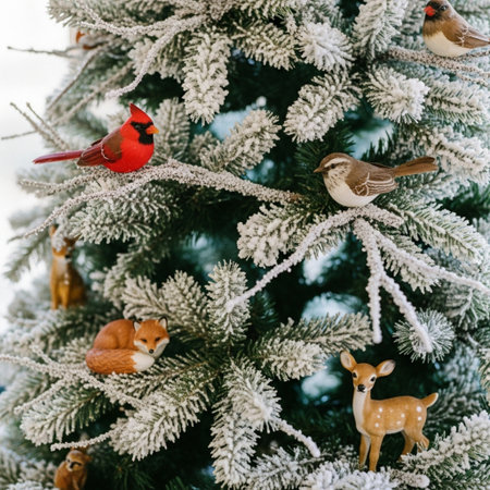 Christmas tree with red cardinal birds and reindeer in winter forestの素材