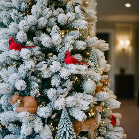 Christmas tree decorated with toys and garlands. Winter holidays concept.の素材