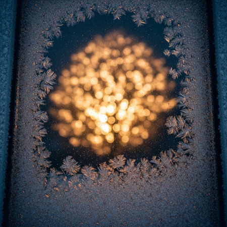 Frosty winter window with bokeh lights and snowflakesの素材