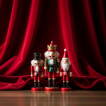 Christmas nutcracker toy on red curtain background. Christmas concept.の素材