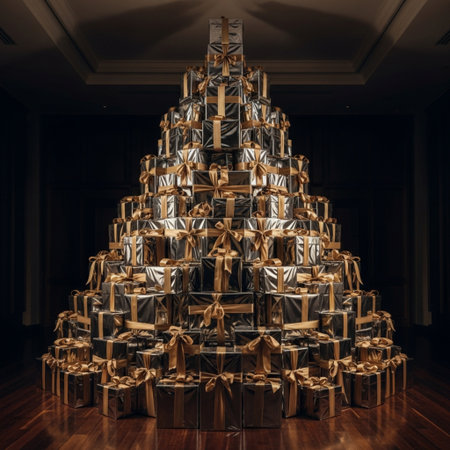 Christmas tree made of gold and silver gift boxes. 3d renderingの素材