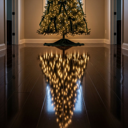 Christmas tree in the hallway of a house with lights reflected on the floorの素材