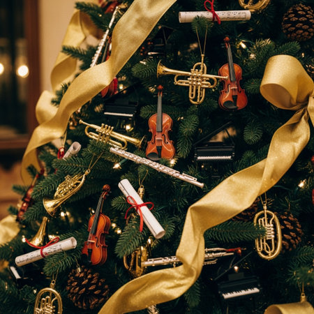 Decorated Christmas tree with classical music instruments and golden ribbonsの素材