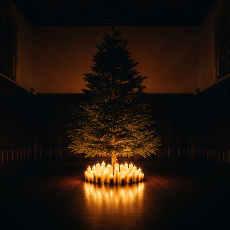 Candles on the background of a Christmas tree in a dark roomの素材