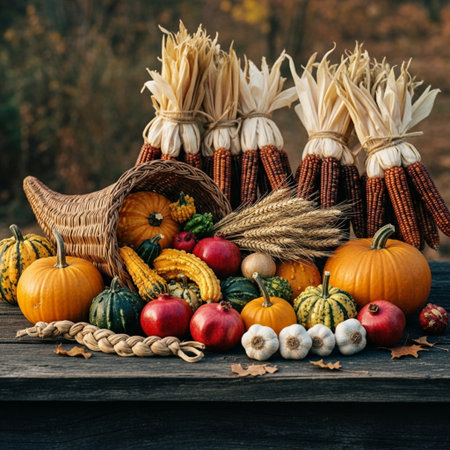 Autumn still life with pumpkins, apples and corn on a wooden tableの素材