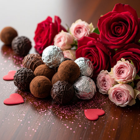 Chocolate truffles and roses on wooden background. Valentine's Day.の素材