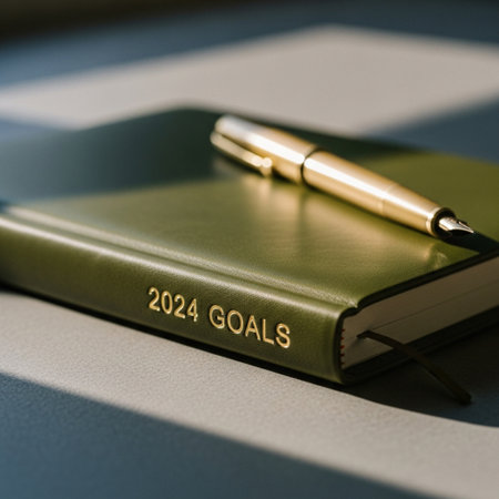 2021 Goals text on green notebook with pen on grey background.の素材